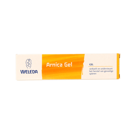 Weleda Arnica gel 25g tube, natural body care product for soothing and skin relief, featuring bright yellow packaging.