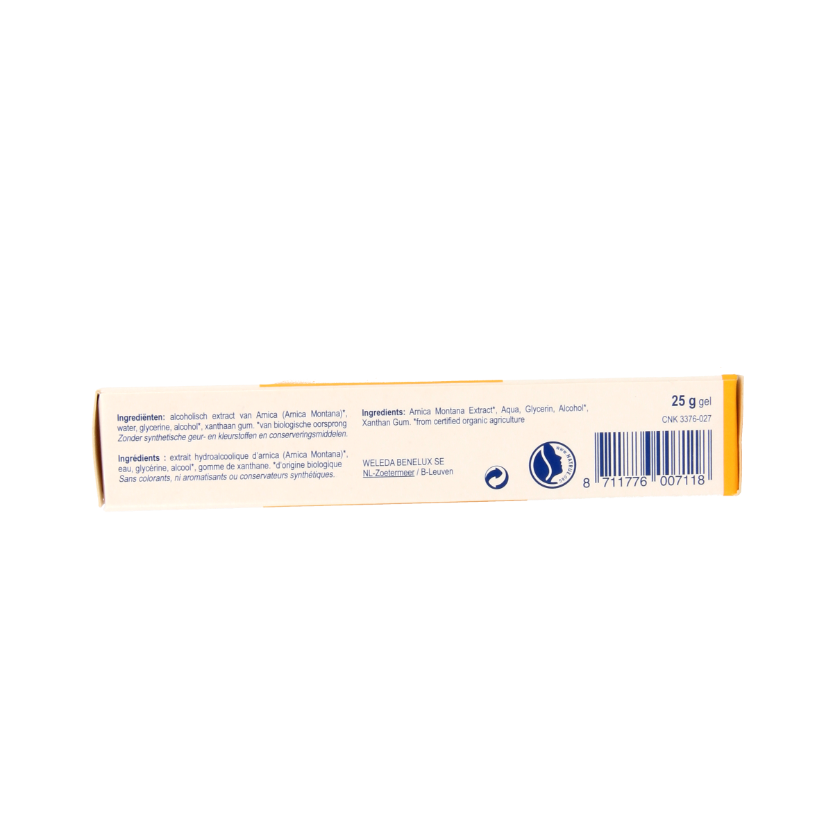 Weleda Arnica gel in 25g tube, natural body care product for soothing and reducing muscle soreness, with herbal ingredients.