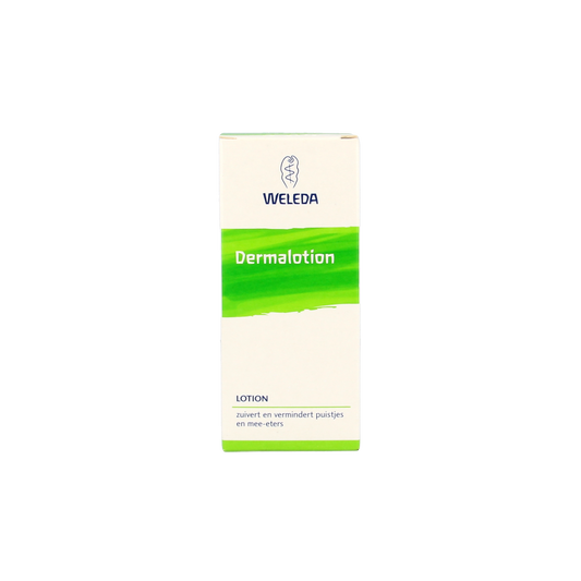 Weleda Dermalotion facial skincare bottle with 50ml capacity, featuring a white and green label on a white background.