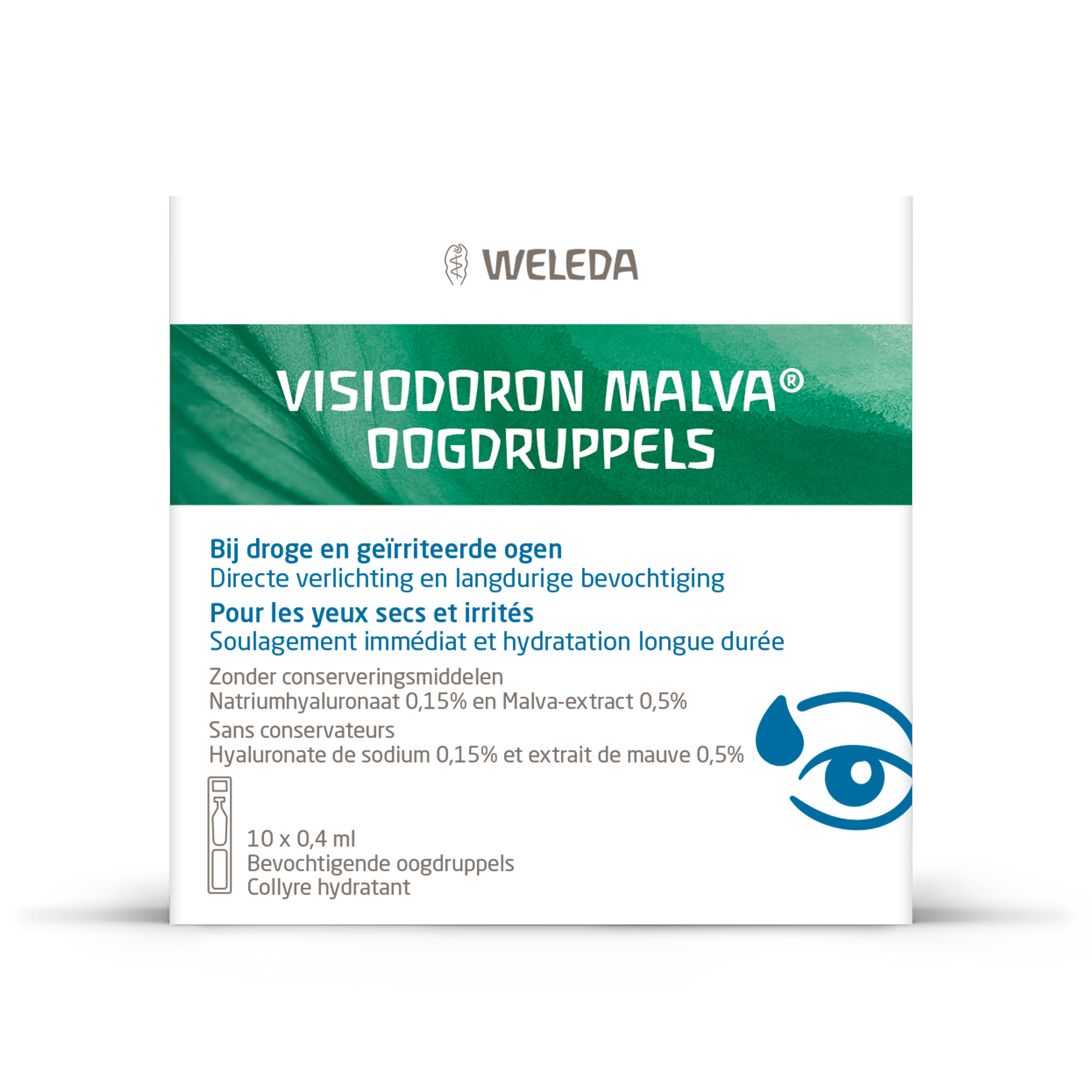 Weleda Visiodoron malva eye drops in 0.4 ml ampoules, eye care product with natural ingredients for soothing eyes.