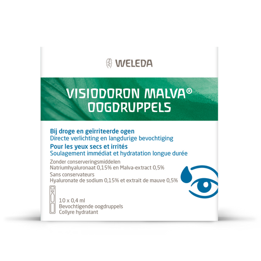 Weleda Visiodoron malva eye drops in 0.4 ml ampoules, eye care product with natural ingredients for soothing eyes.