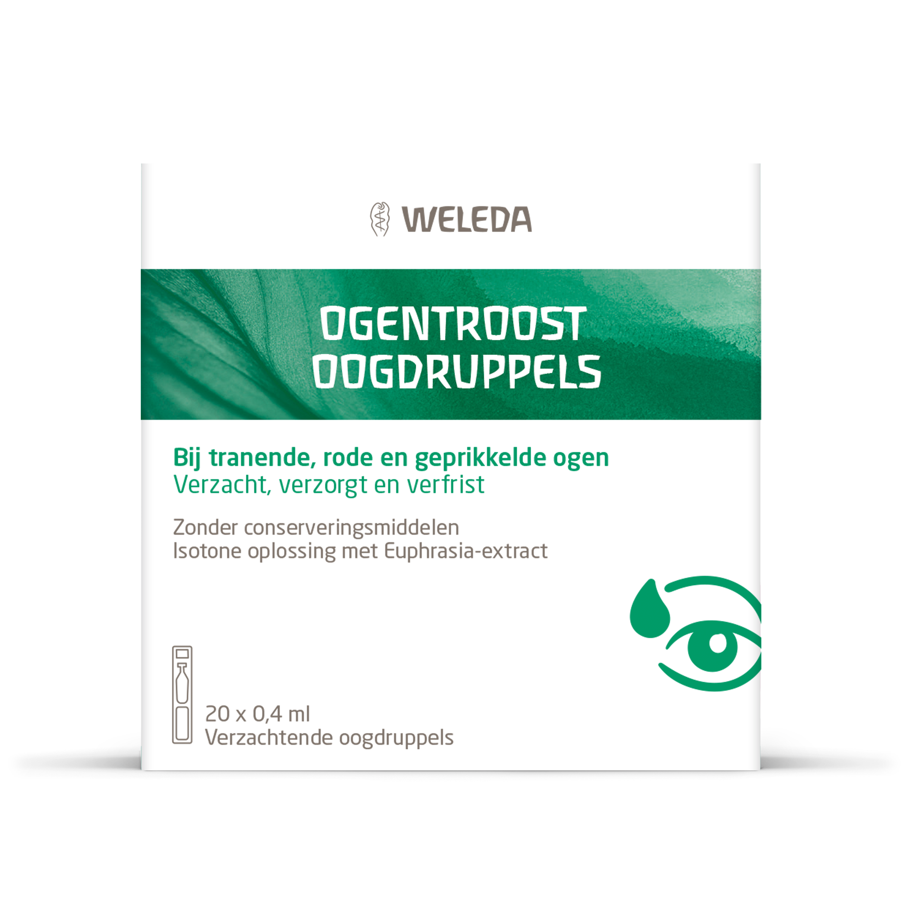 Weleda Ogentroost eye drops in a 0.4ml ampoule, designed for eye care and soothing irritated eyes.