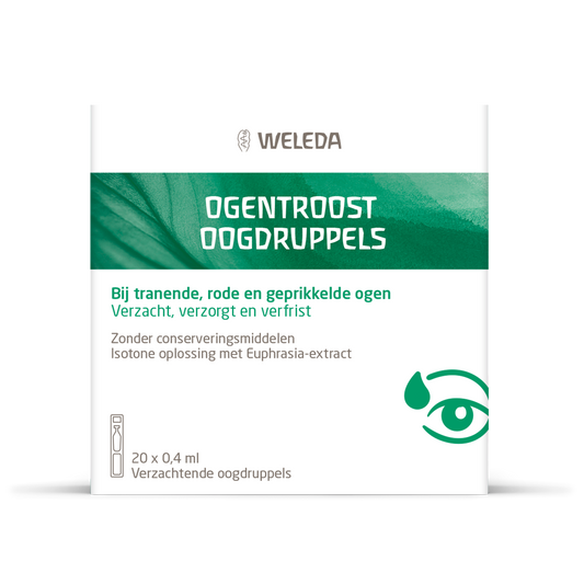 Weleda Ogentroost eye drops in a 0.4ml ampoule, designed for eye care and soothing irritated eyes.