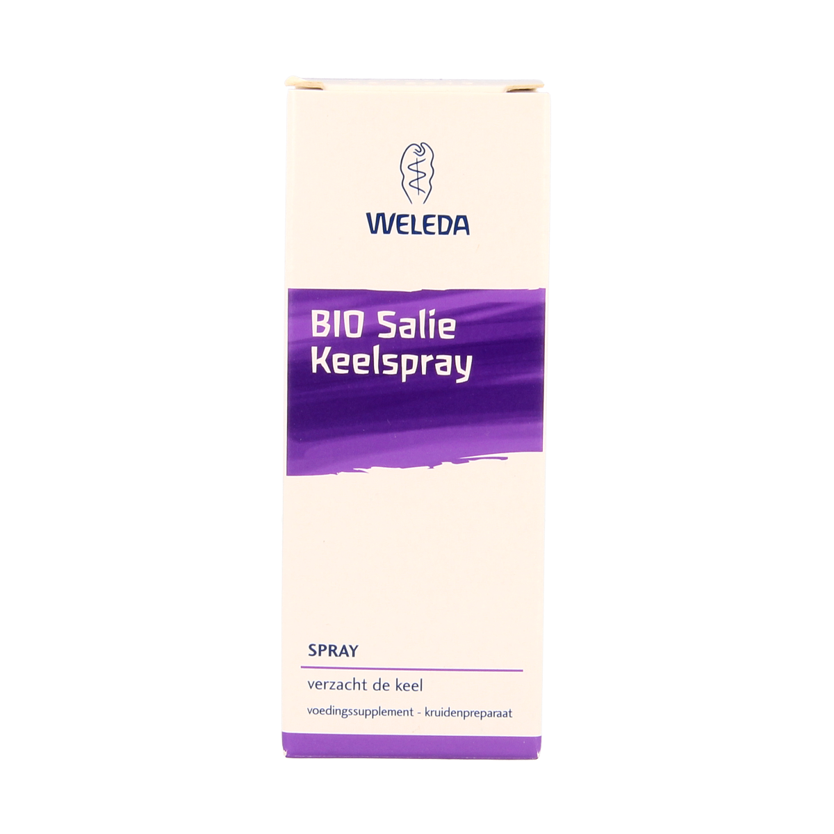 Weleda Salie keelspray bio in 20ml bottle, herbal remedy for soothing throat and mouth, with sage leaves on the packaging.