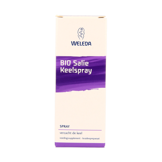 Weleda Salie keelspray bio in 20ml bottle, herbal remedy for soothing throat and mouth, with sage leaves on the packaging.