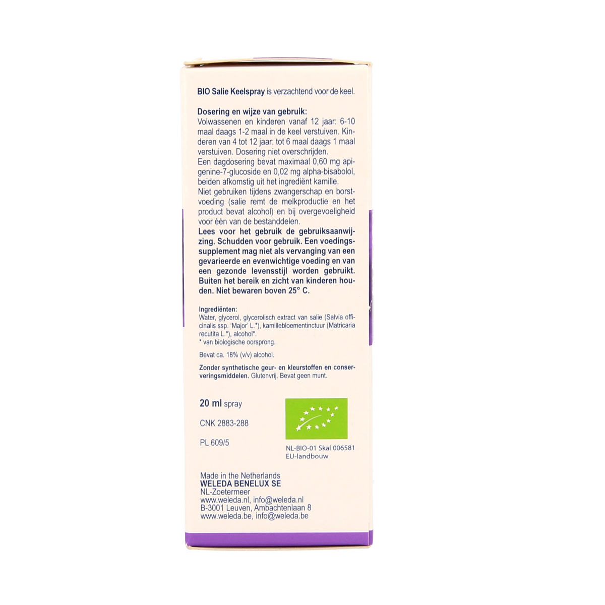 Weleda Salie keelspray bio herbal remedy in 20ml spray bottle, featuring fresh sage leaves and herbal ingredients.