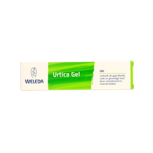 Weleda Urtica gel 25g for body care, featuring natural ingredients in a clear tube with green and white packaging.