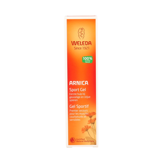 Weleda Arnica sport gel in 25g tube, natural muscle and joint care for sports and pain relief.