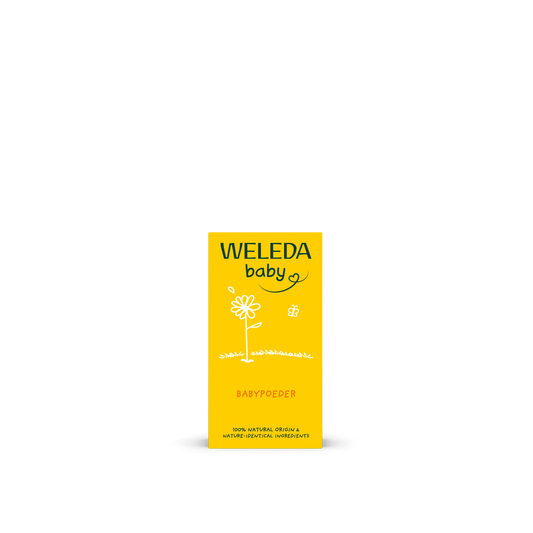 Weleda Baby Powder 20g, gentle baby and toddler care powder in a small container, ideal for soothing delicate skin.