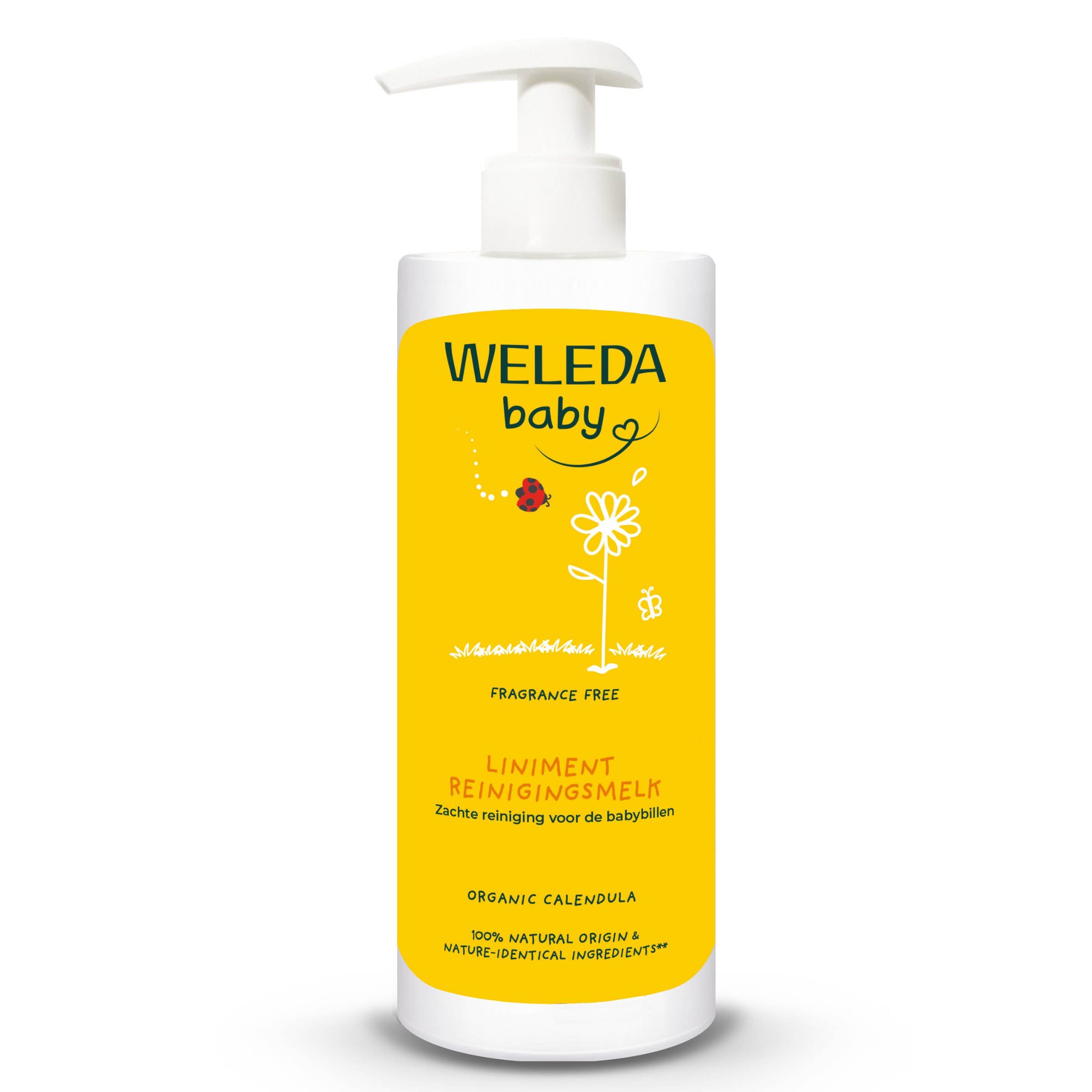 Weleda Calendula liniment reinigingsmelk vegan, facial cleansing milk in a 400ml bottle with Calendula flowers and natural ingredients.