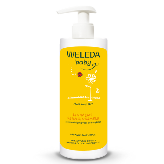 Weleda Calendula liniment reinigingsmelk vegan, facial cleansing milk in a 400ml bottle with Calendula flowers and natural ingredients.