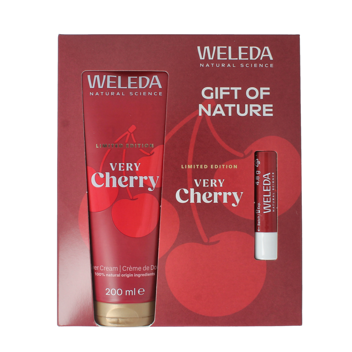 Weleda Very Cherry body care gift set with one item, featuring cherry-scented lotion and body products for nourishing skin.