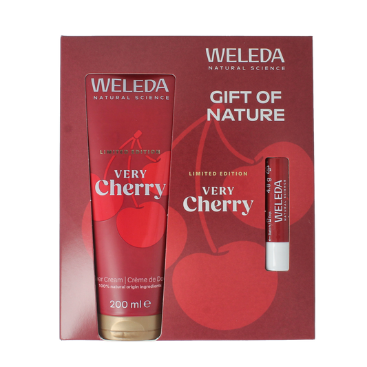 Weleda Very Cherry body care gift set with one item, featuring cherry-scented lotion and body products for nourishing skin.