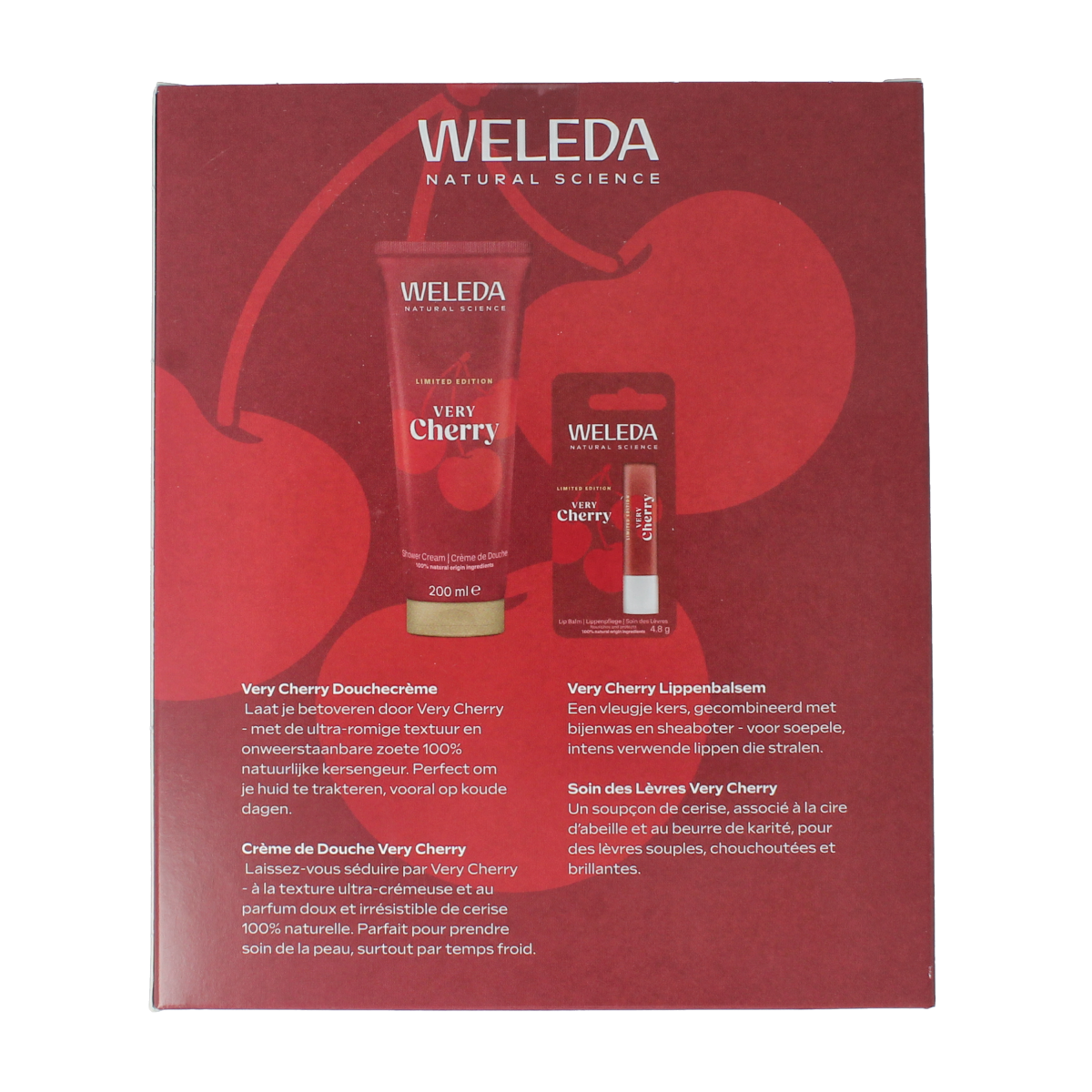 Weleda Very Cherry gift set with body care products, including a 100ml bottle, featuring cherry scent and natural ingredients.
