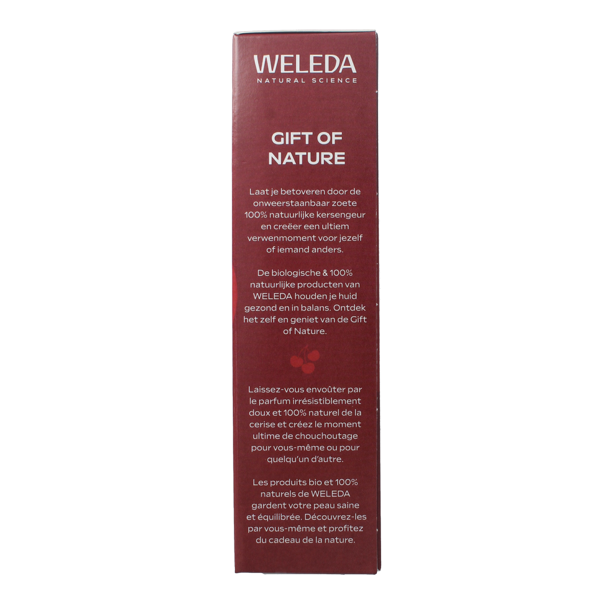Weleda Very Cherry body care gift set with one item, featuring natural cherry-inspired skincare in a sleek package.