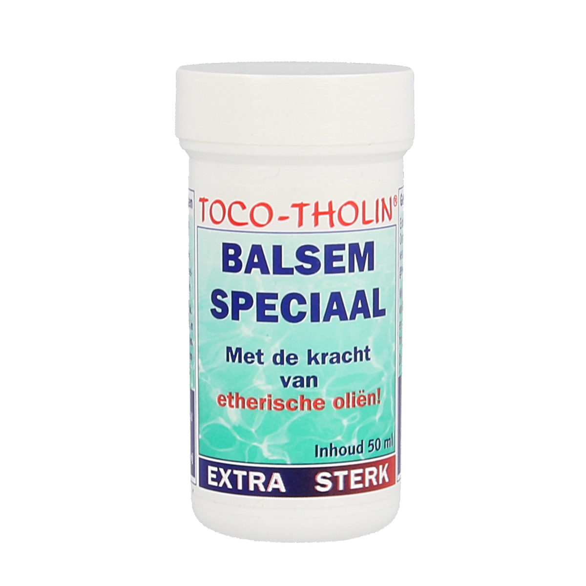 Toco Tholin Balsem speciaal 50ml for muscle and joint care, showing the cream container with label and applicator on a white background.