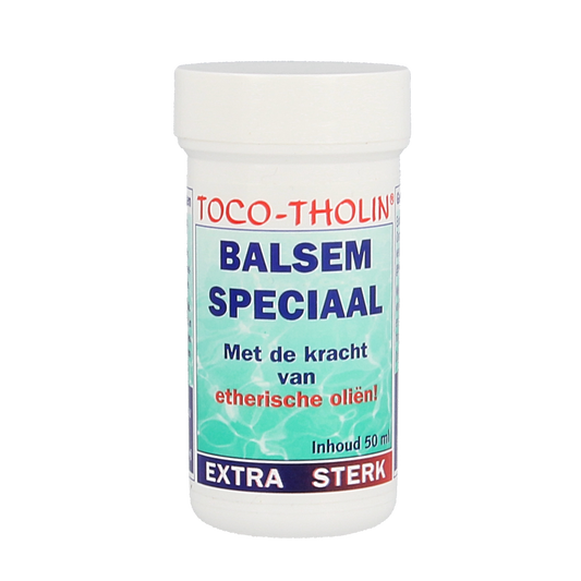 Toco Tholin Balsem speciaal 50ml for muscle and joint care, showing the cream container with label and applicator on a white background.