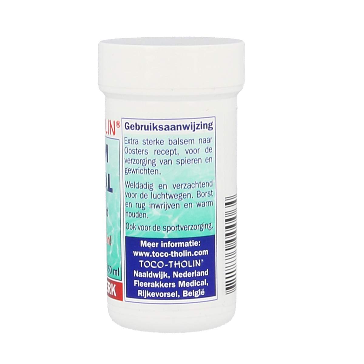 Toco Tholin Balsem speciaal 50ml for muscle and joint care, featuring a white and blue tub with the product label visible.
