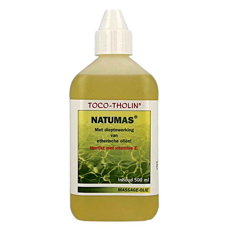 Toco Tholin Natumas massage oil bottle, 500ml, in a clear plastic container with a white cap, labeled for body care.