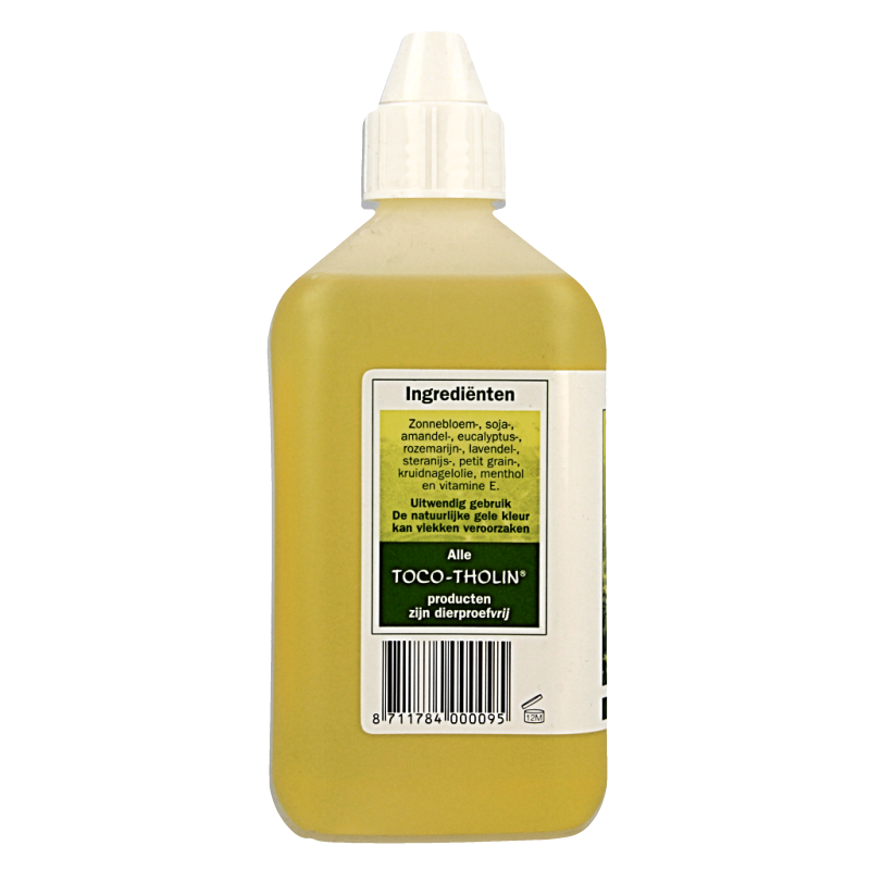 Toco Tholin Natumas massage oil bottle, 500ml, in a clear container with a label, used for body care and relaxation.