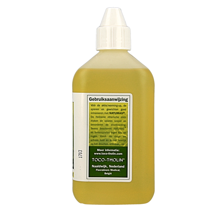 Toco Tholin Natumas massage oil bottle, 500ml, in clear plastic container with label, used for body care and relaxation.