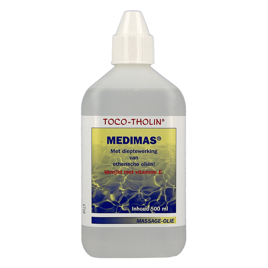 Toco Tholin Medimas massageolie in a 500ml bottle, body care product for relaxing massage and skin nourishment.