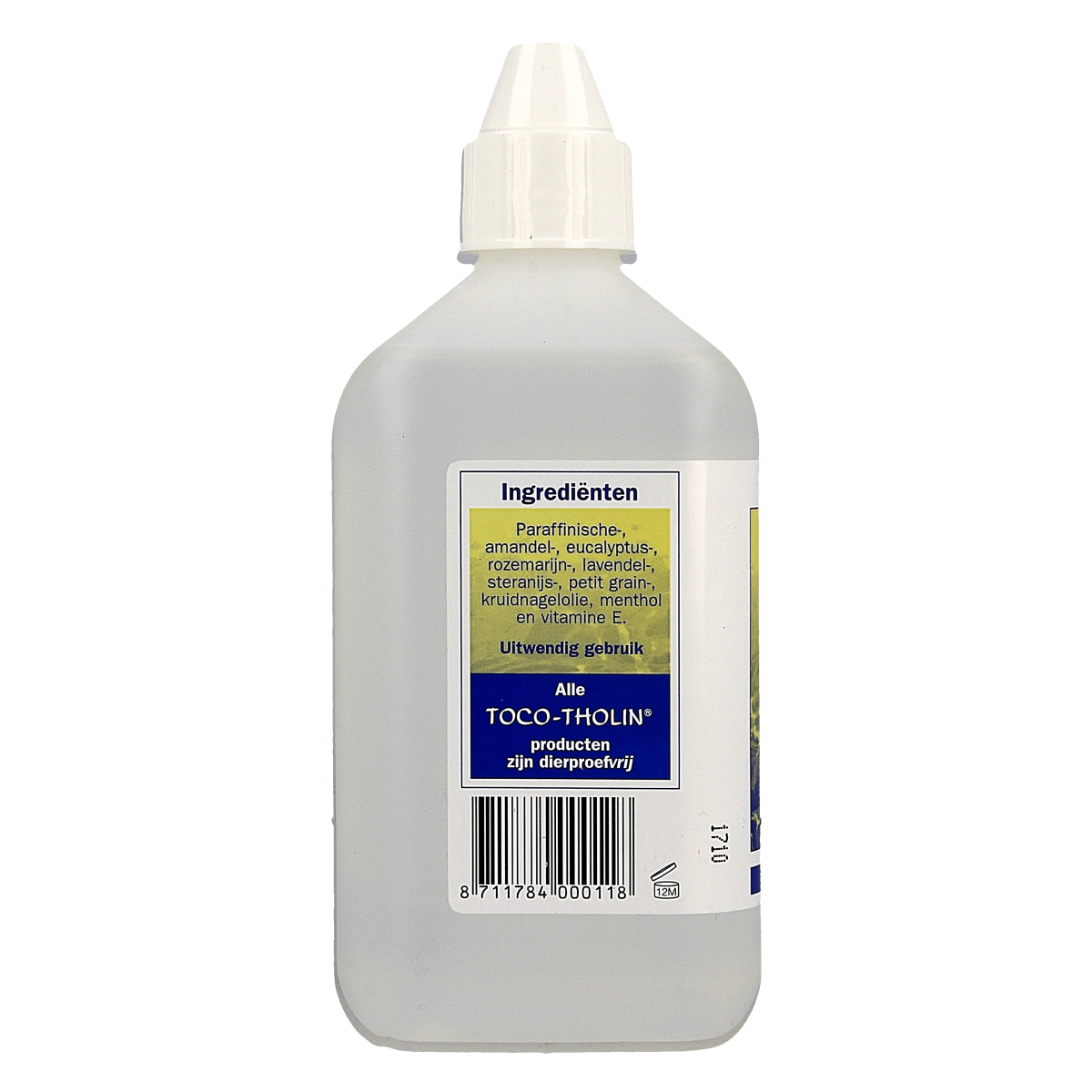 Toco Tholin Medimas massageolie 500ml bottle, natural body care product with a clear plastic container and label.