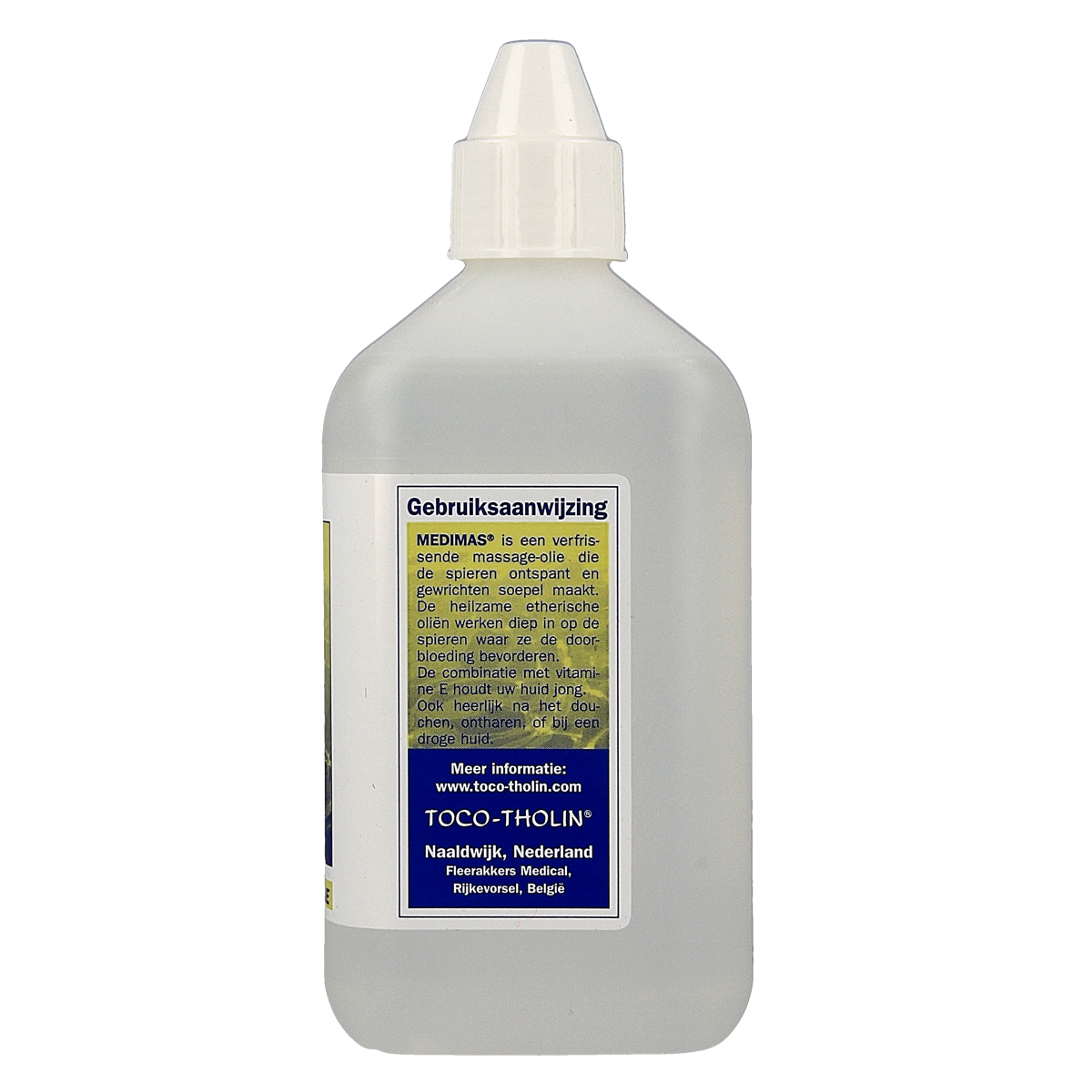 Toco Tholin Medimas massage oil in a 500ml bottle, ideal for body care and relaxation, featuring clear labeling on the packaging.