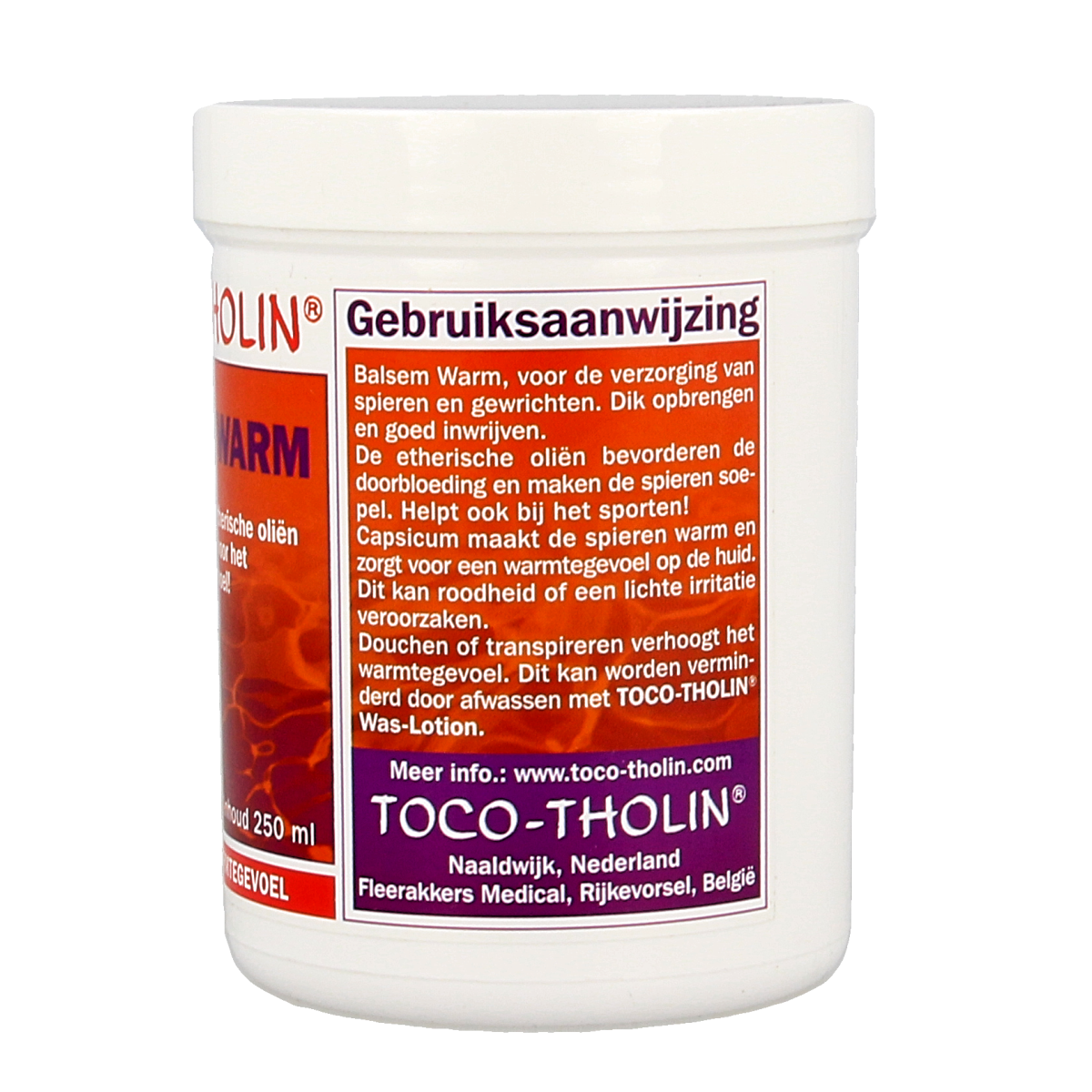 Toco Tholin Balsem Warm, 250ml, for muscle and joint care, shown in a white jar with a label, used for soothing relief.