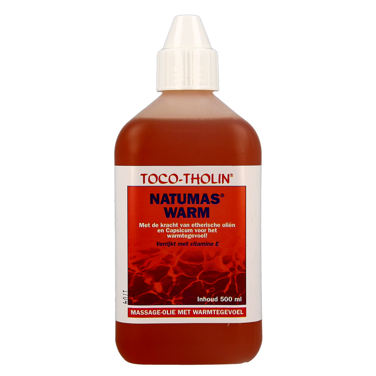 Toco Tholin Natumas massage warm body care product in 500ml bottle, designed for soothing and nourishing skin.