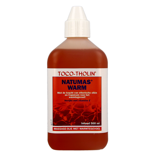 Toco Tholin Natumas massage warm body care product in 500ml bottle, designed for soothing and nourishing skin.