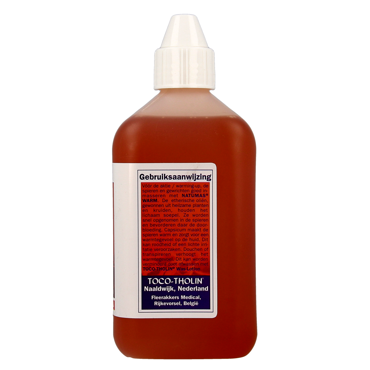 Toco Tholin Natumas massage warm body care product in 500ml bottle, designed for soothing and hydrating skin.