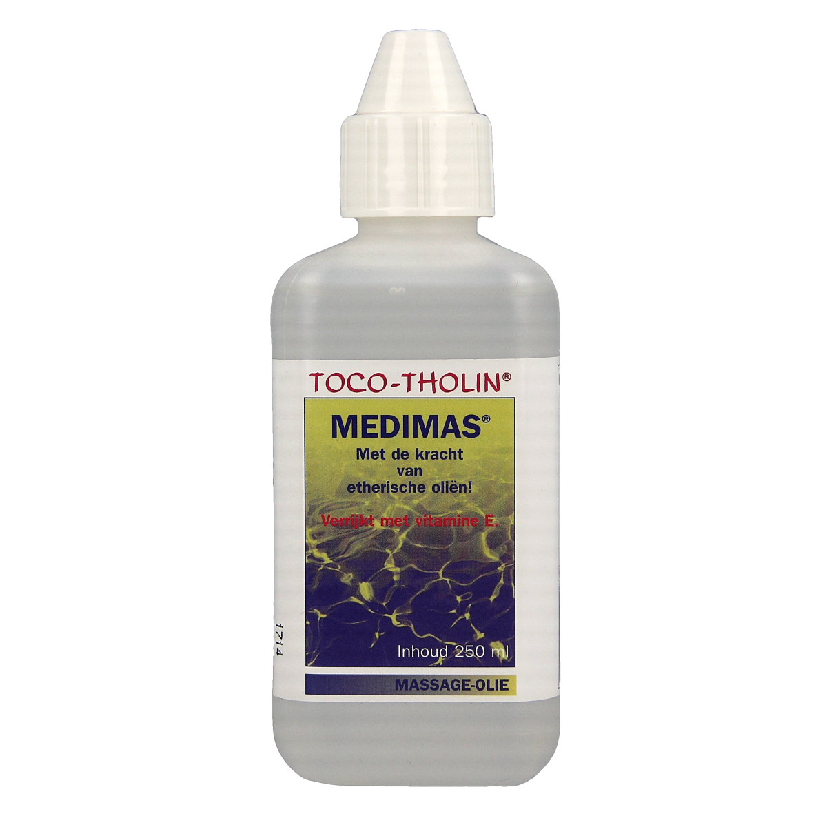 Toco Tholin Medimas massageolie bottle, 250ml, in a clear plastic container with a white cap, used for body care and massage.