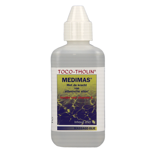 Toco Tholin Medimas massageolie bottle, 250ml, in a clear plastic container with a white cap, used for body care and massage.