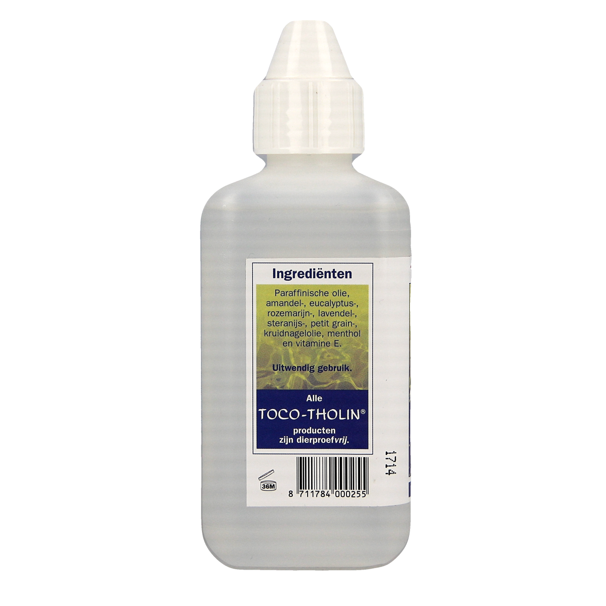 Toco Tholin Medimas massageolie 250ml bottle, natural body care product, with a clear label and a flip-top cap.