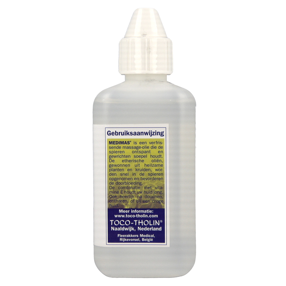 Toco Tholin Medimas massage oil bottle, 250ml, body care product with a white and blue label, designed for soothing massages.