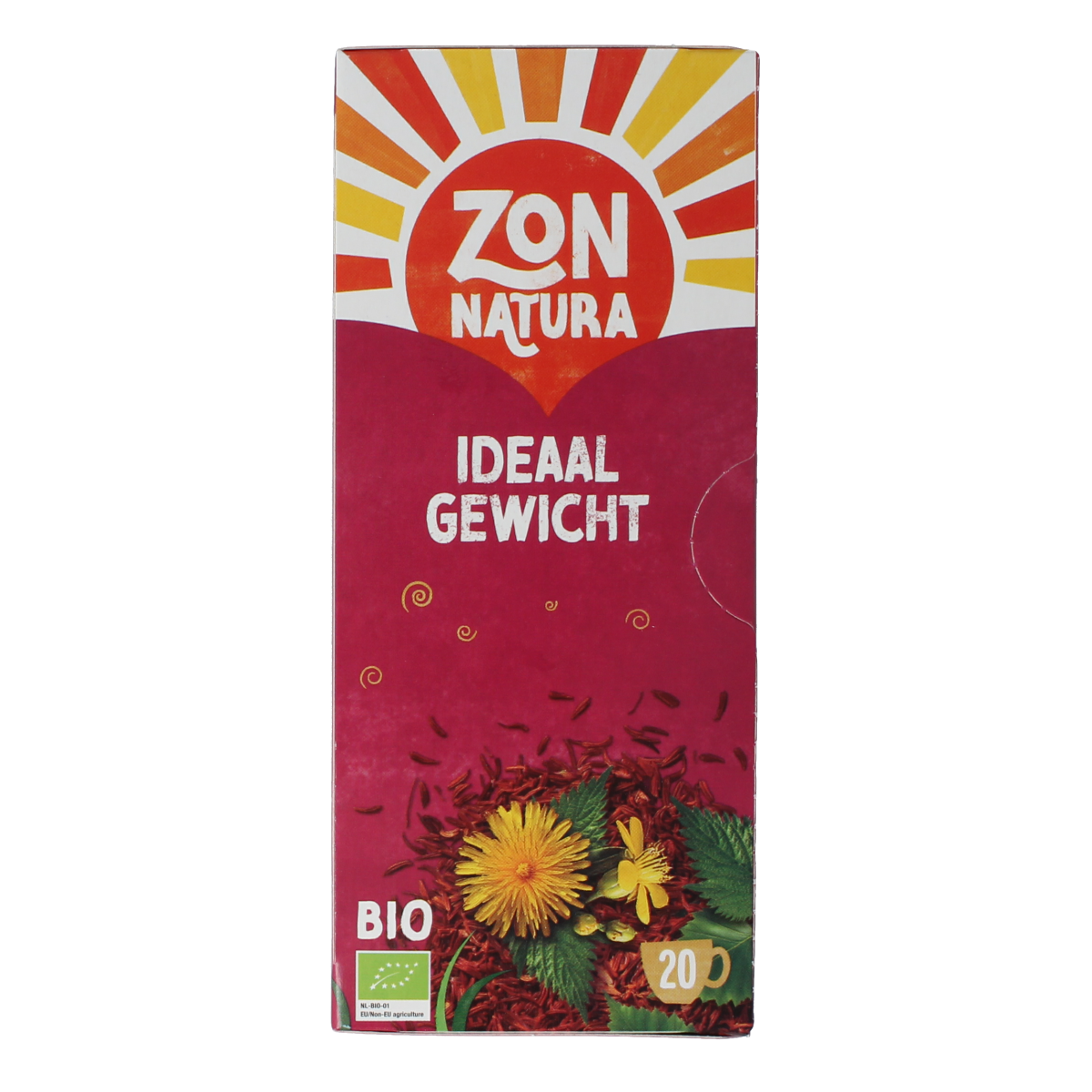Zonnatura Ideaalgewicht biologische thee zakjes in een open doos, 20 stuks, met thee- en koffiesoorten in natuurlijke verpakking.