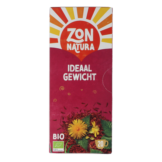 Zonnatura Ideaalgewicht biologische thee zakjes in een open doos, 20 stuks, met thee- en koffiesoorten in natuurlijke verpakking.