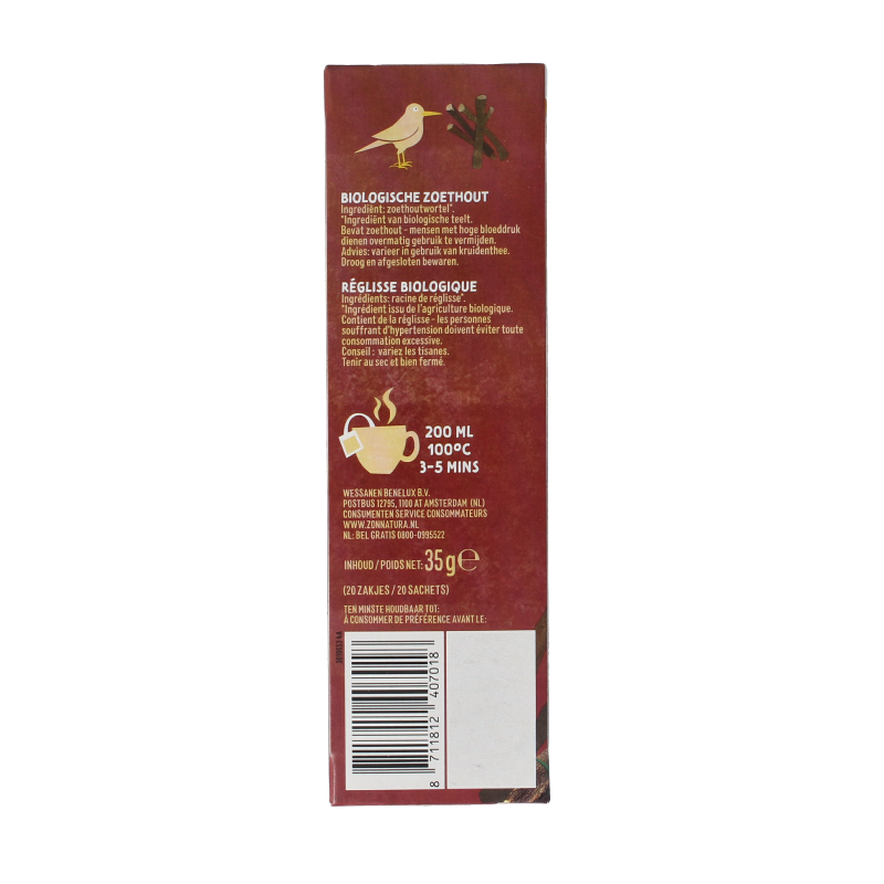 Organic Zonnatura Zoethout tea bags, 20-count, featuring herbal licorice flavor in a box of natural tea bags.