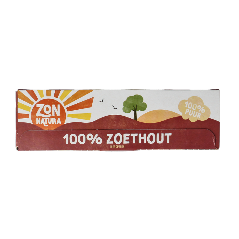 Organic Zonnatura Zoethout tea in a box with 20 tea bags, featuring natural licorice root flavor in a colorful packaging.