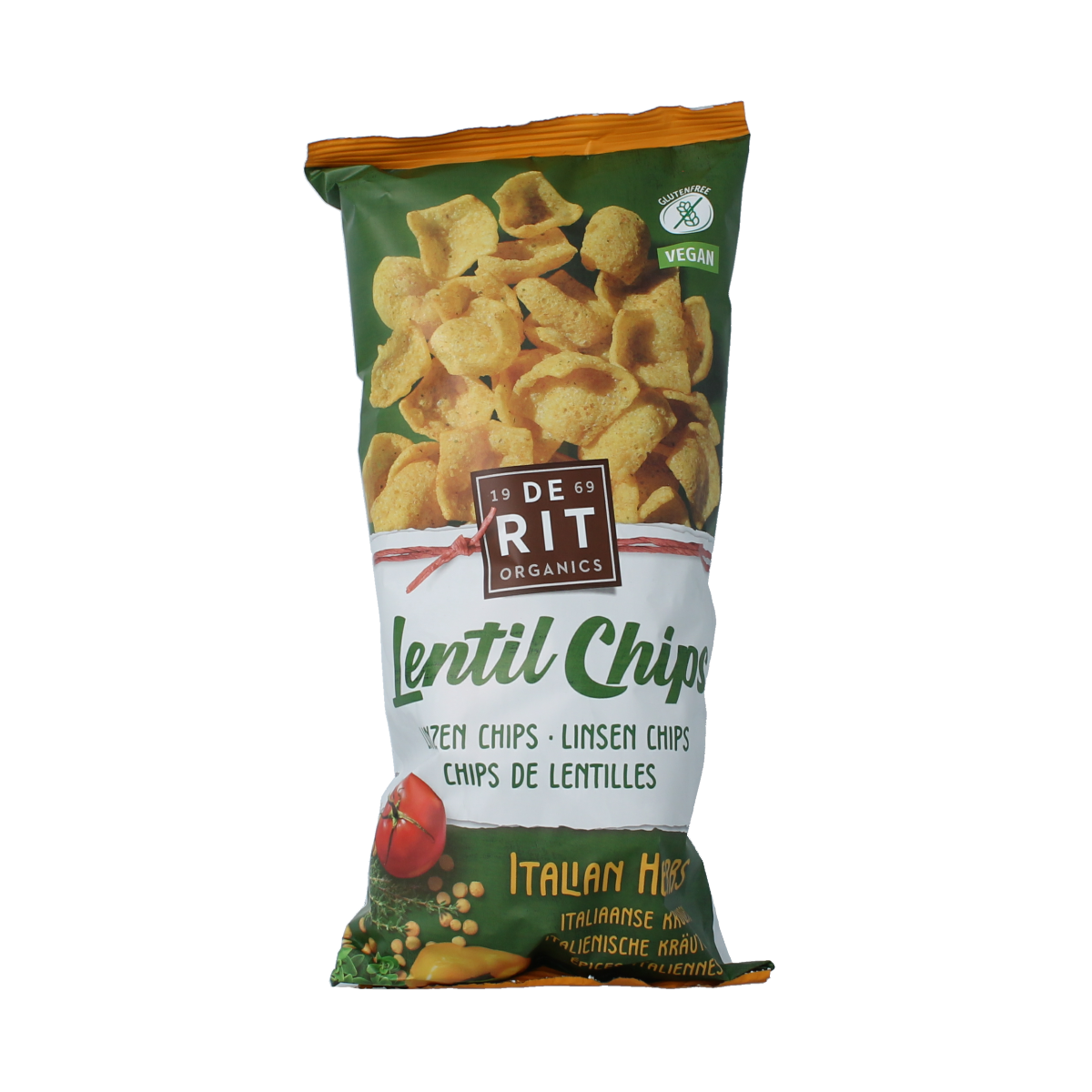 De Rit De Rit Linzenchips Italian herbs bio, 75g, showing crispy lentil chips seasoned with Italian herbs.