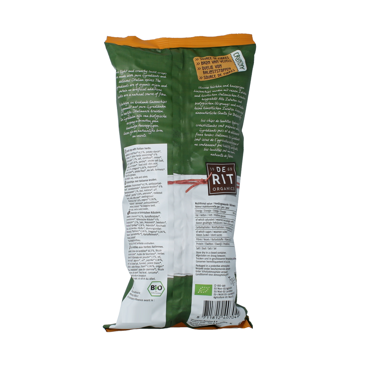 De Rit bio lentil chips with Italian herbs, 75g, showing crispy, seasoned lentil chips in a natural light.