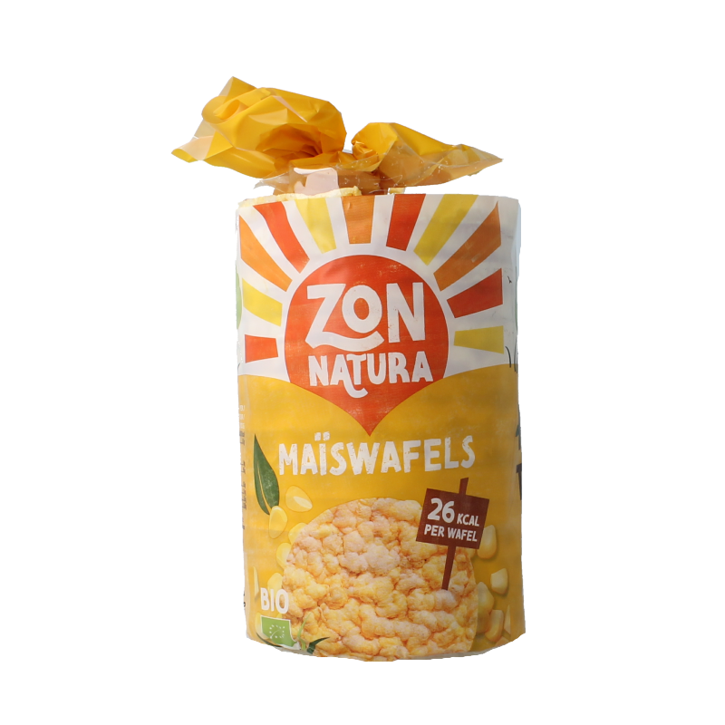 Zonnatura bio maize waffles snack in a 100g package, crispy and golden, ideal for quick bites and healthy snacking.