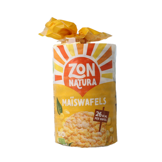 Zonnatura bio maize waffles snack in a 100g package, crispy and golden, ideal for quick bites and healthy snacking.