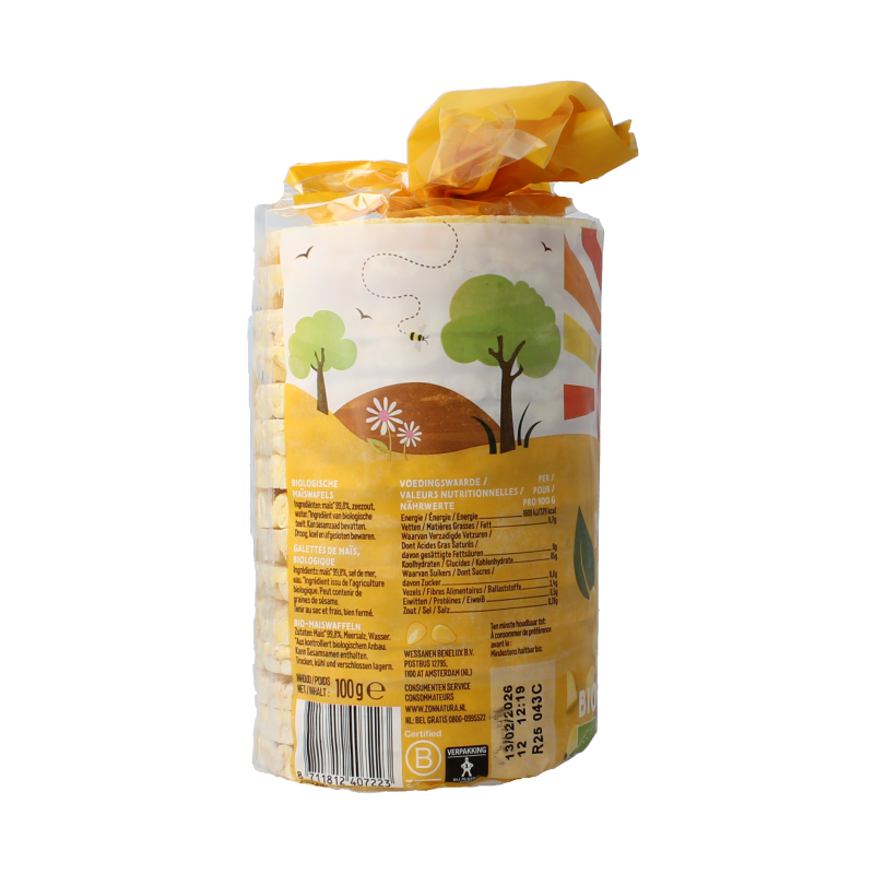 Zonnatura bio maize wafers snack in 100g package, crispy golden corn wafels for healthy snacking.