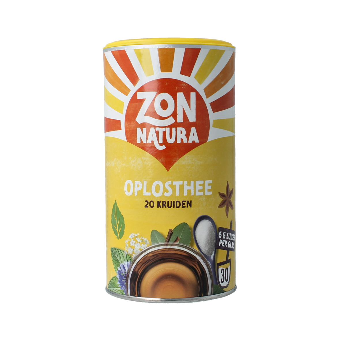 Zonnatura 20 Kruiden oplosthee in 200g package, herbal tea mix with various dried herbs and spices, ideal for soothing beverages.