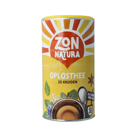 Zonnatura 20 Kruiden oplosthee in 200g package, herbal tea mix with various dried herbs and spices, ideal for soothing beverages.