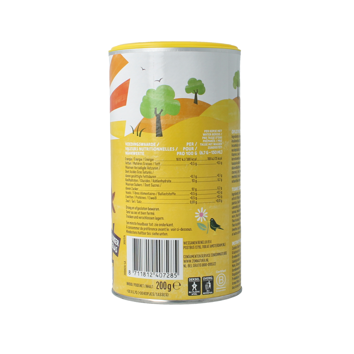 Zonnatura 20 kruiden oplosthee in 200g package, herbal tea blend with natural ingredients, for soothing hot beverages.