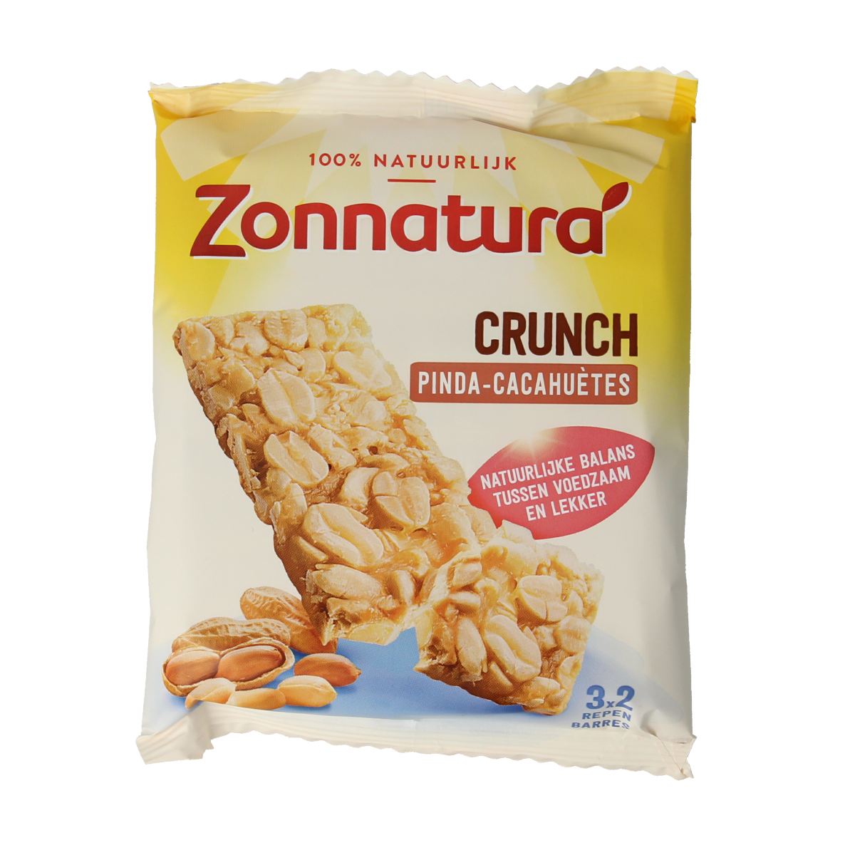 Zonnatura Pinda Crunch snack pack with 45 grams, showing crunchy peanut snack in a clear package.
