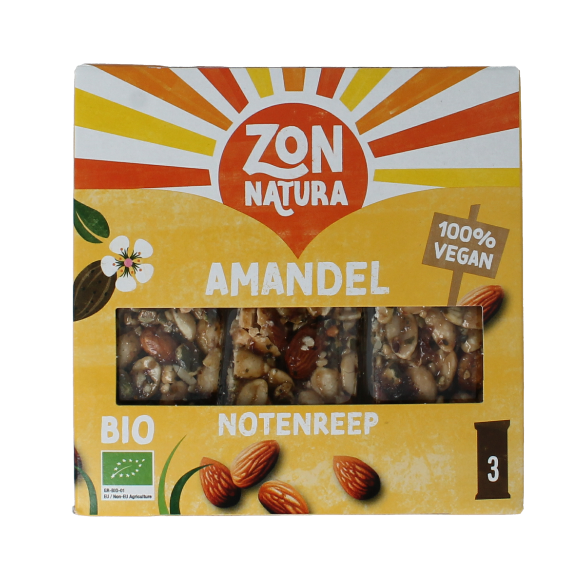 Zonnatura Muesli Notenmix Reep met amandel, organic snack bar, 3x25g packs, showing a close-up of the nut-filled muesli bar